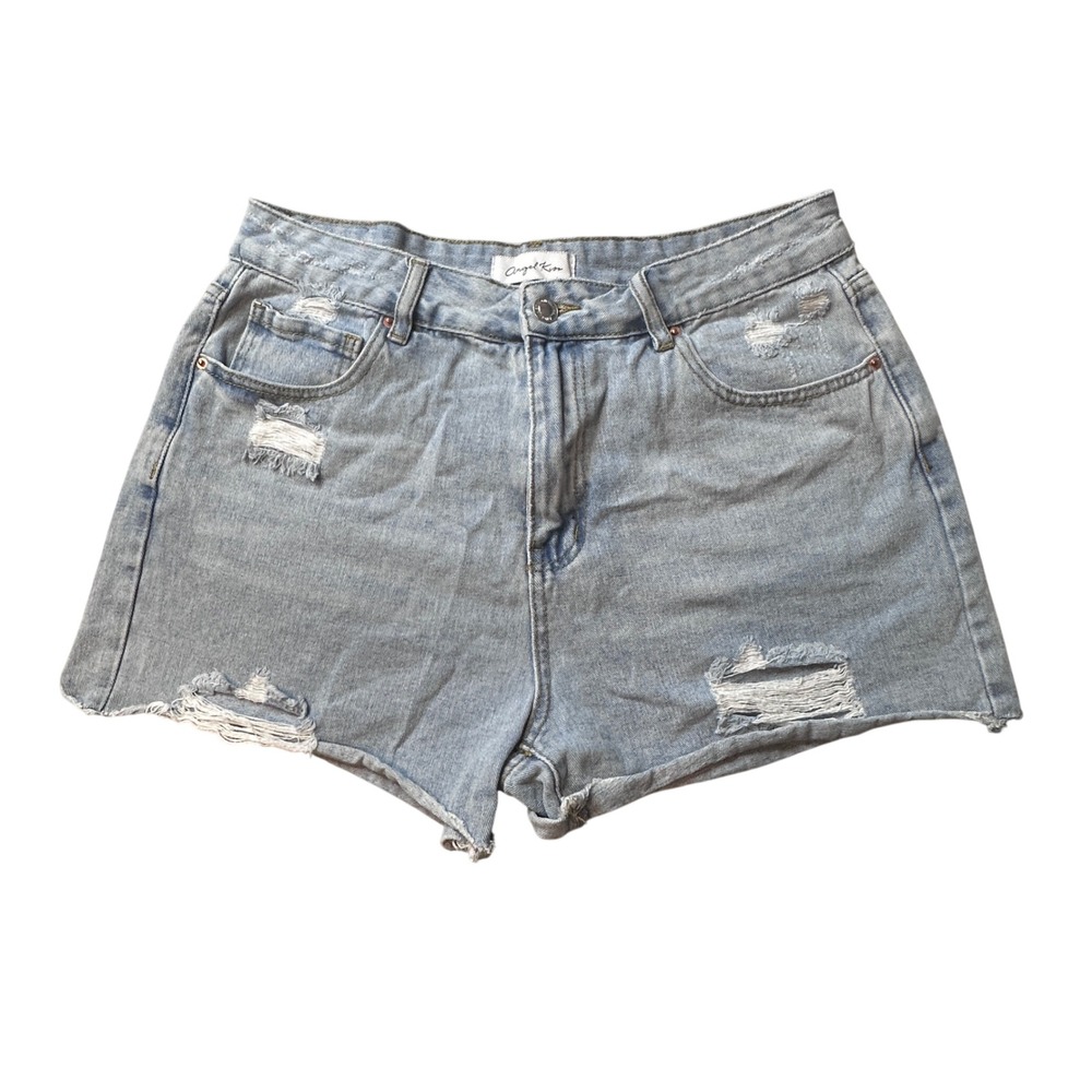 Angel Kiss Shorts Womens 13/31 Blue Denim Distressed High Rise Raw Hem Cut Off